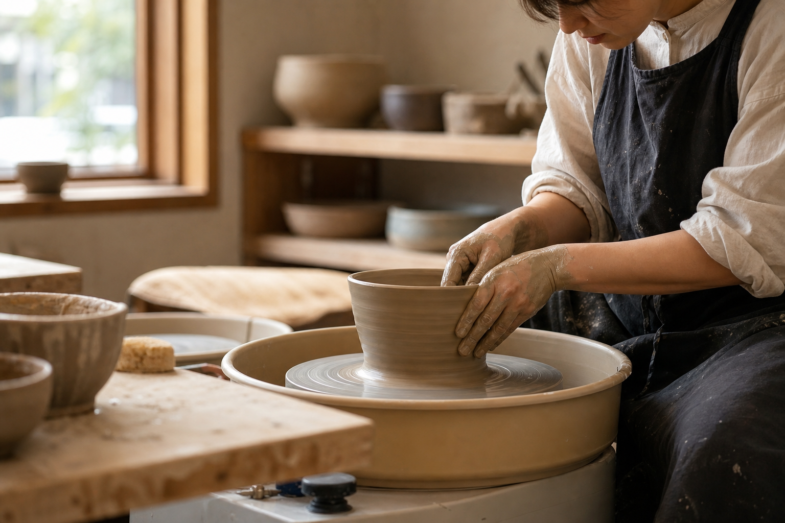 ろくろで粘土を形づくる工房のイメージ