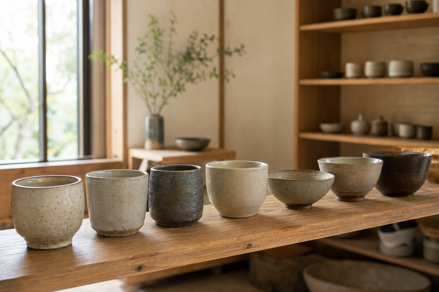 棚に並んだ手作りの陶器